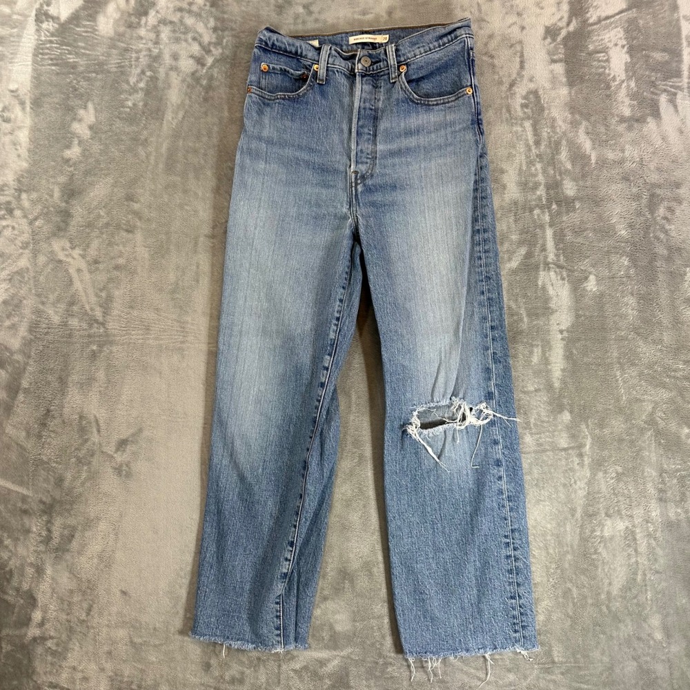 Levi's Premium Ribcage Straight Jeans Women's Size 28 Blue Distressed Denim Pant